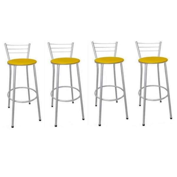 Kit 4 Banquetas Alta Prata com Assento Amarelo Fortmix - 1