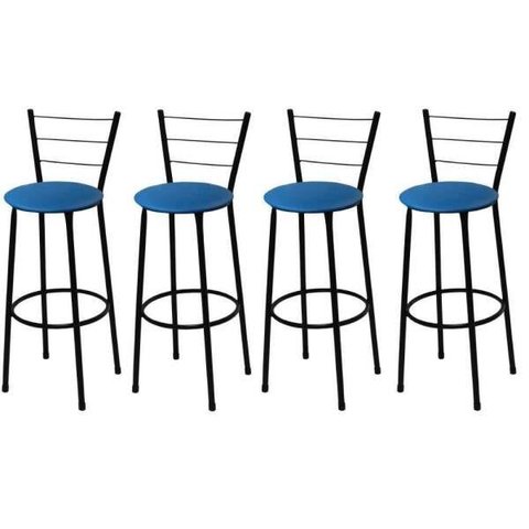 Kit 4 Banquetas Alta Preta com Assento Azul Fortmix