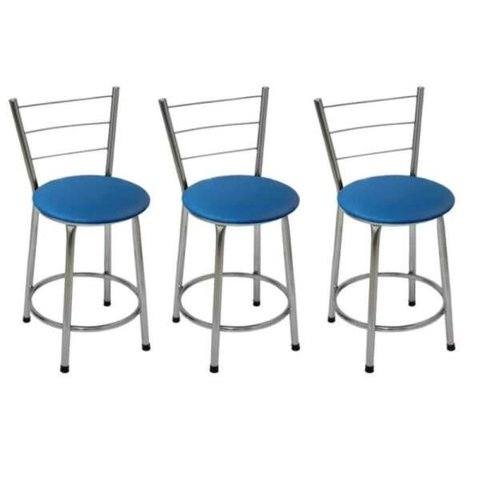 Kit 3 Banquetas Baixa Cromada com Assento Azul Fortmix