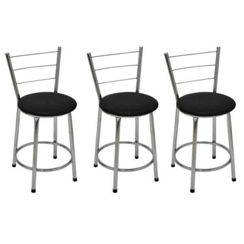 Kit 3 Banquetas Baixa Cromada com Assento Preto Fortmix
