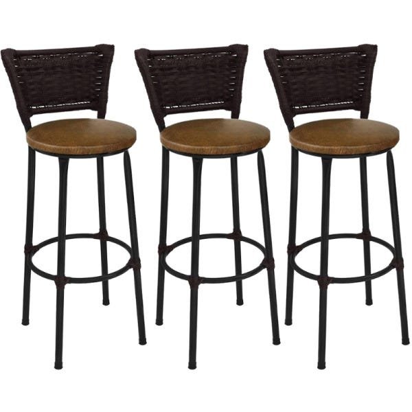 Kit 3 Banquetas Alta Preta Junco Argila com Assento Marrom Fortmix - 1