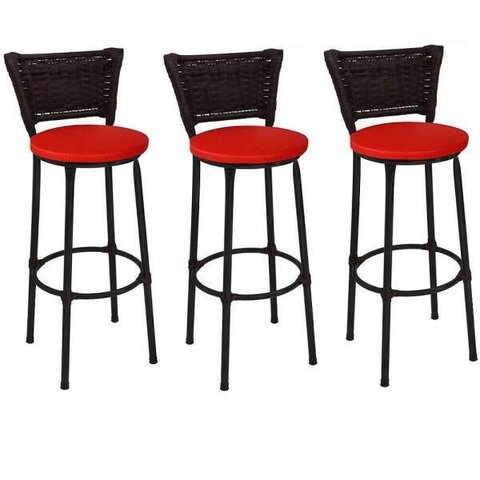 Kit 3 Banquetas Alta Preta Junco Argila com Assento Vermelho Fortmix