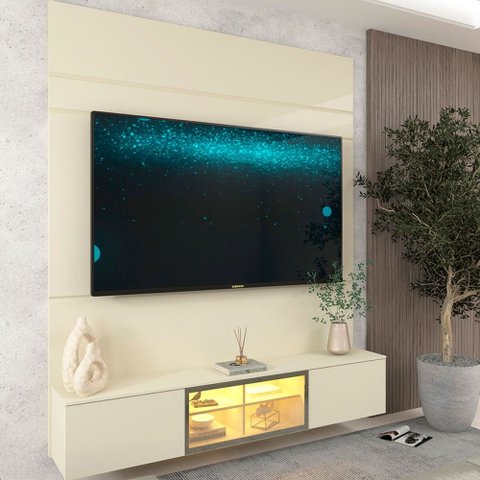 Painel para TV até 65 Polegadas Luminare 3 Portas com Vidro Reflecta e LED 100% MDF Off White - Geli