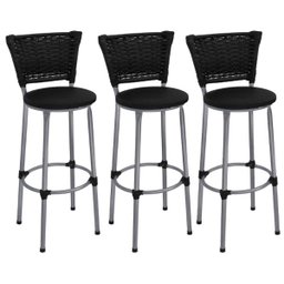 Kit 3 Banquetas Alta Prata Junco Preto com Assento Preto Fortmix - 1