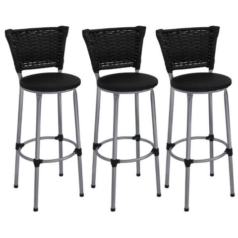 Kit 3 Banquetas Alta Prata Junco Preto com Assento Preto Fortmix