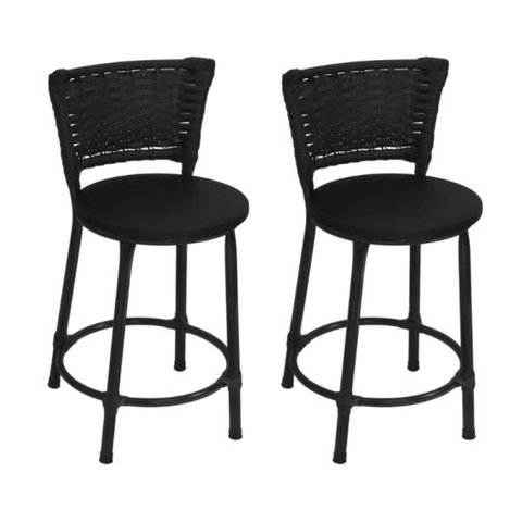 Kit 2 Banquetas Baixa Preta Junco Preto com Assento Preto Fortmix