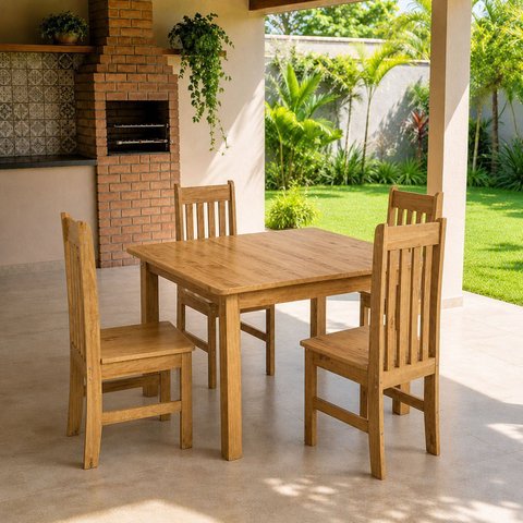 Conjunto Mesa 120cm Retangular e 4 Cadeiras de Madeira Maciça para Área Gourmet Monza