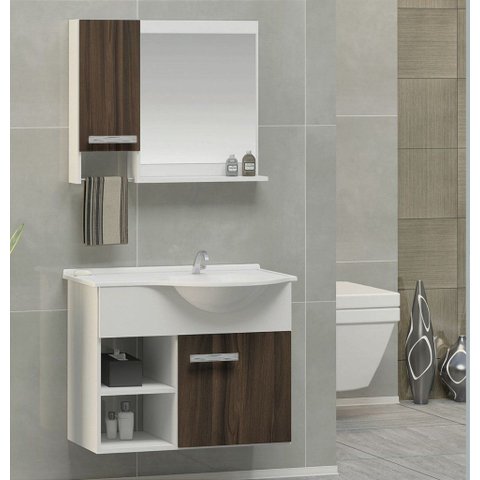 Kit Gabinete 100% Mdf Cuba e Espelheira 60cm para Banheiro:branco/rustico