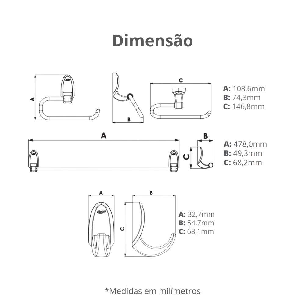 Kit Acessórios para Banheiro 7 Peças Linha Delicato Cor Cinza e Cromado Durín - 3