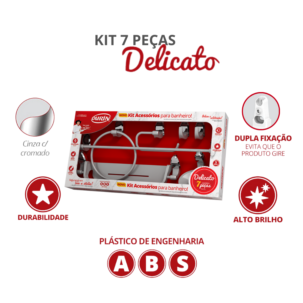 Kit Acessórios para Banheiro 7 Peças Linha Delicato Cor Cinza e Cromado Durín - 2