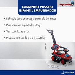 Carrinho Infantil Passeio com Empurrador Vermelho - 5