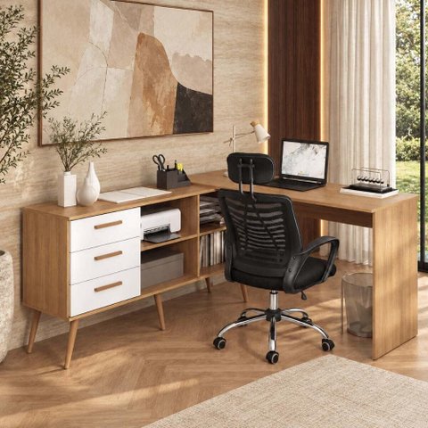 Conjunto Escritório com Mesa em L 3 Gavetas e Cadeira Giratória Multimóveis MCR6115 Madeirado/Bco