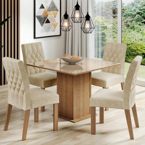 Conjunto Sala de Jantar Madesa Brenda Mesa Tampo de Vidro com 4 Cadeiras - Rustic/crema/imperial