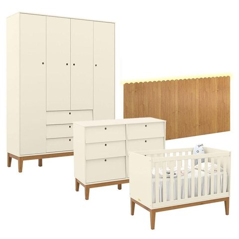 Quarto de Bebê Unique 4 Portas com Cômoda 6 Gavetas e Painel Farm com Led Off White Eco Wood - Matic