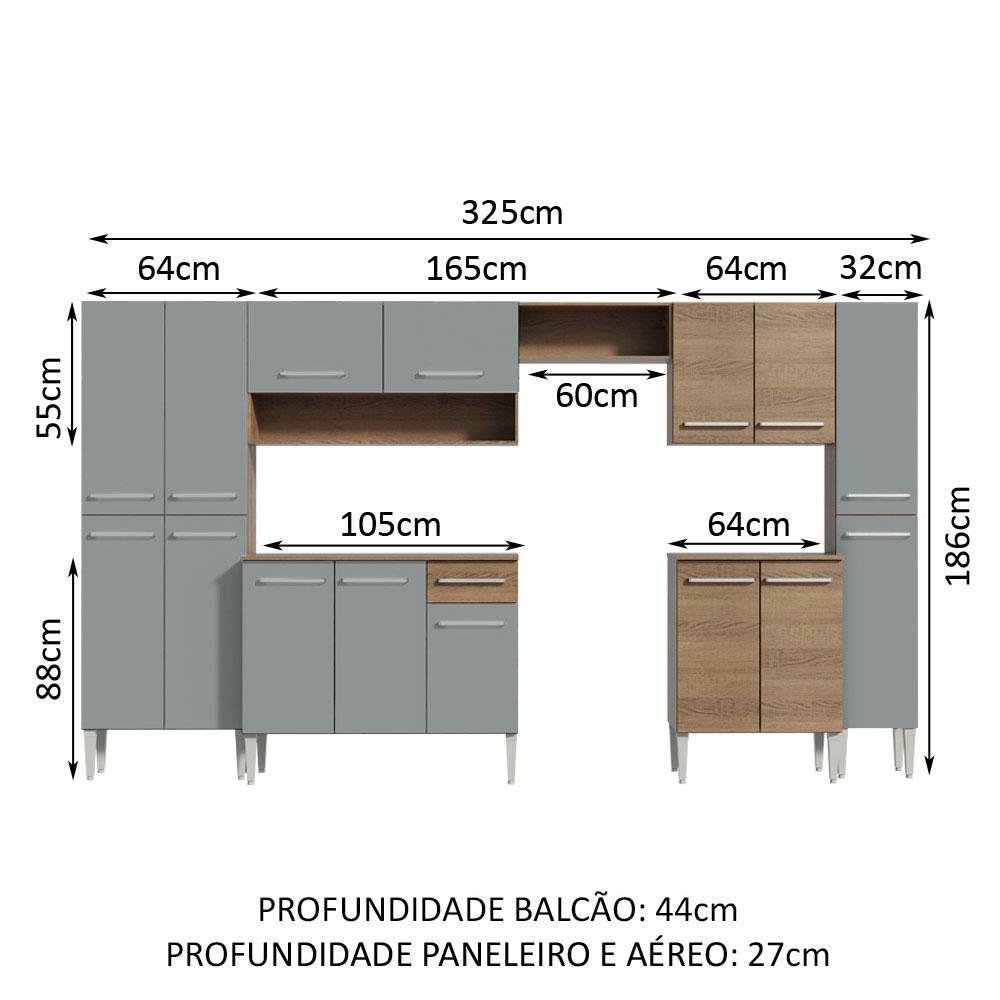 Armário de Cozinha Completa 325cm Rustic/Cinza Emilly Joy Madesa - 3