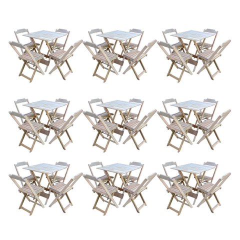 Kit 9 Conjuntos de Mesa Dobravel com 4 Cadeiras de Madeira 70x70 para Restaurante e Bar - sem Pintur