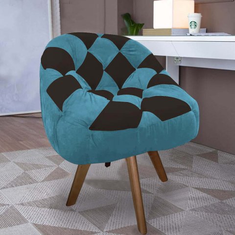 Poltrona Paloma Escritório Sala Giratória Madeira Suede Azul Turquesa e Suede Marrom - Dominic Decor