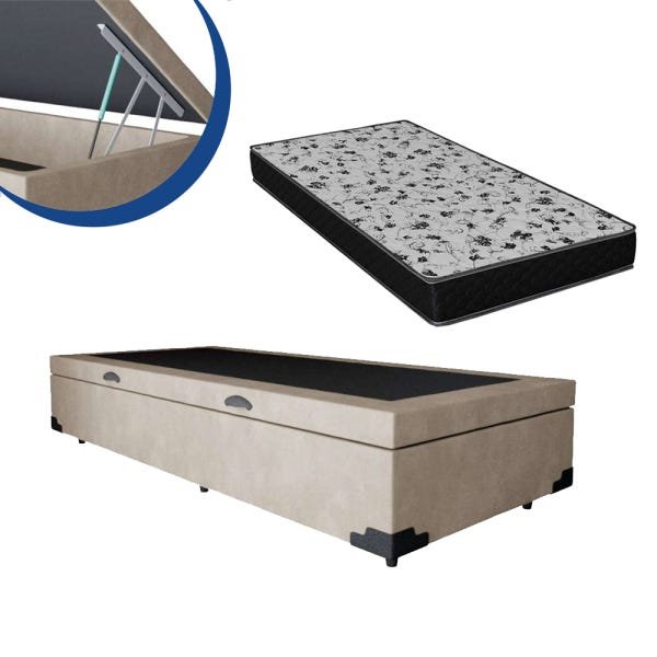 Cama Box Baú Solteiro Colchão Espuma D33 Bordado + Box Suede Bege 62x78x188 - 1