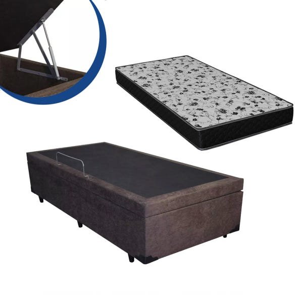 Cama Box Baú Solteiro Colchão Espuma D33 Bordado + Box Suede Marrom 62x78x188 - 1