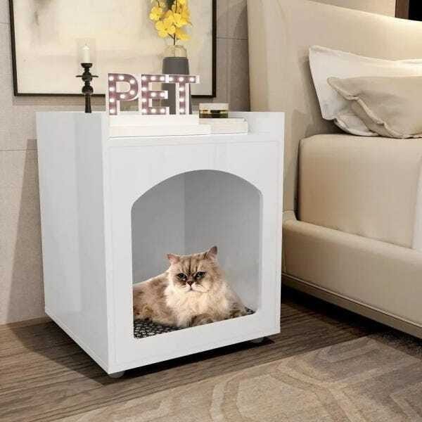 Mesa de Cabeceira e Cama Para Pet Cachorro/Gato com Almofada Branco Mo - 4