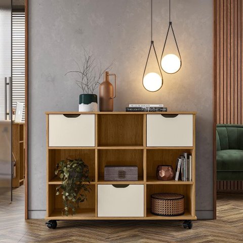 Nicho Organizador C/ Rodízios Freijó e 03 Gavetas Off White Qmovi