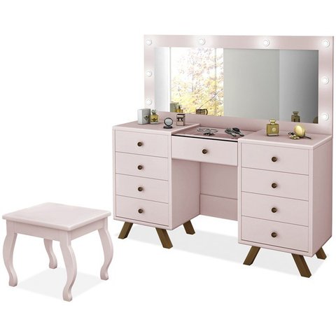 Kit Penteadeira com Banqueta em Mdf 00808900x022034 Rose Lpa