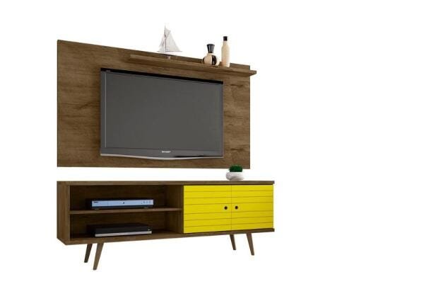 Conjunto Rack Onix com Painel para TV Sala Chanel Madeira Rustica/Amarelo - 2