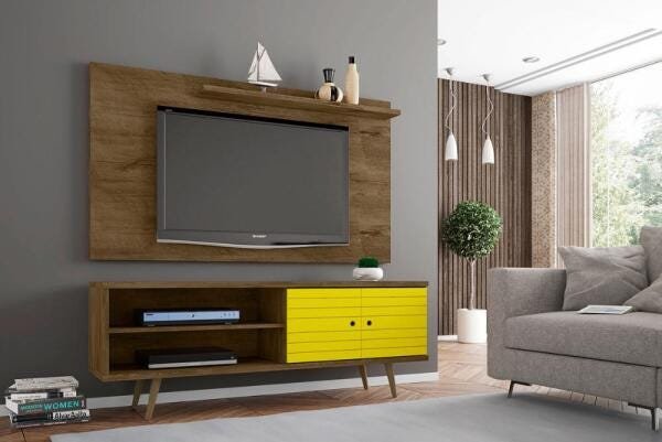 Conjunto Rack Onix com Painel para TV Sala Chanel Madeira Rustica/Amarelo - 1