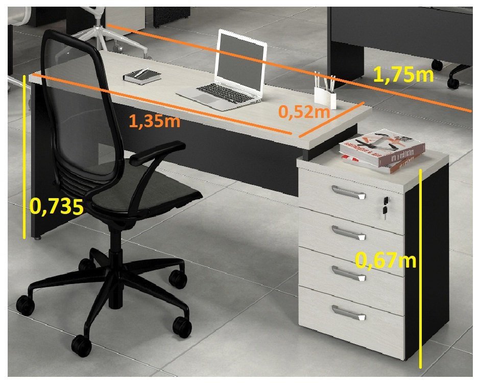 Mesa Escritório 1,75 x 0,52 c/ 4gv Web30 Carvalho Claro/Pre - 3