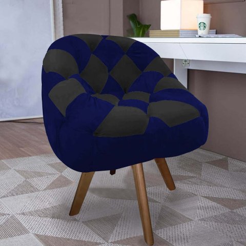 Poltrona Paloma Escritório Sala Giratória Madeira Suede Azul Marinho e Suede Preto - Dominic Decor