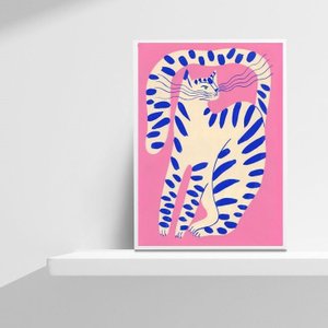 Quadro Decorativo Abstrato Gato rosa 24x18cm:madeira Preta