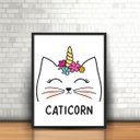 Ver imagem 1 de Quadros Unicórnio Catcorn Gato Branco Flores Moldura 30x40cm