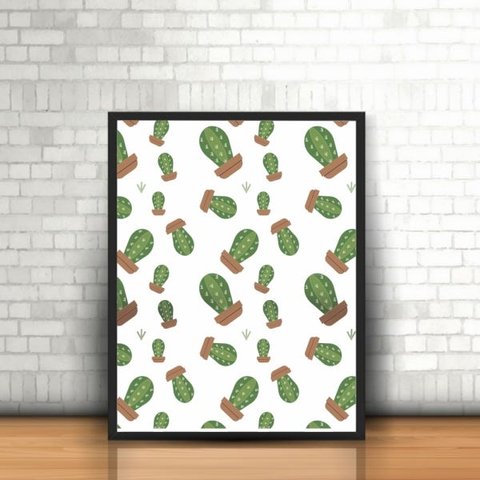 Quadro Padrão Cactus Plantas Flores Desenho Moldura 30x40cm