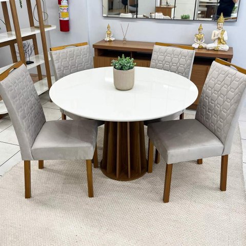 Conjunto Mesa de Jantar Redonda Mdf + 4 Cadeiras em Madeira Cor:off White com Freijó