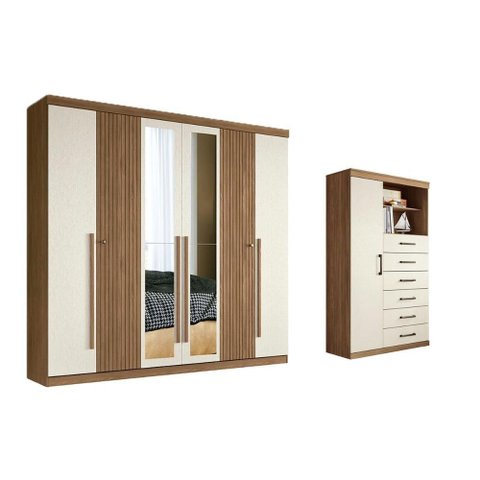 Quarto Completo Casal Guarda Roupa 6 Ptas Buriti + Cômoda Marabá Areia S. Andirá