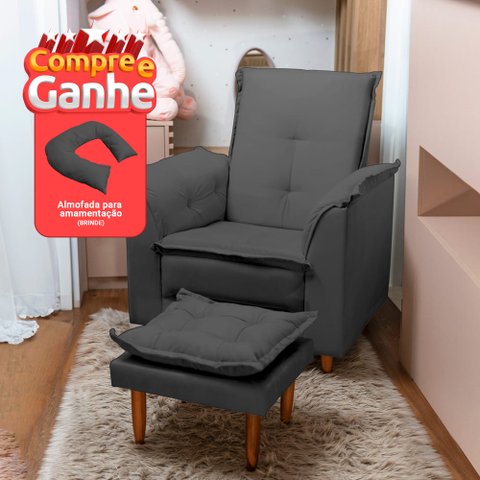 Poltrona de Amamentação e Puff Ariel Suede Cinza Espuma D26 Bnn Decor