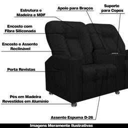 Poltrona Reclinável 2 Lugares Sala de Cinema Romeo F05 Facto Preto - Lyam Decor - 4