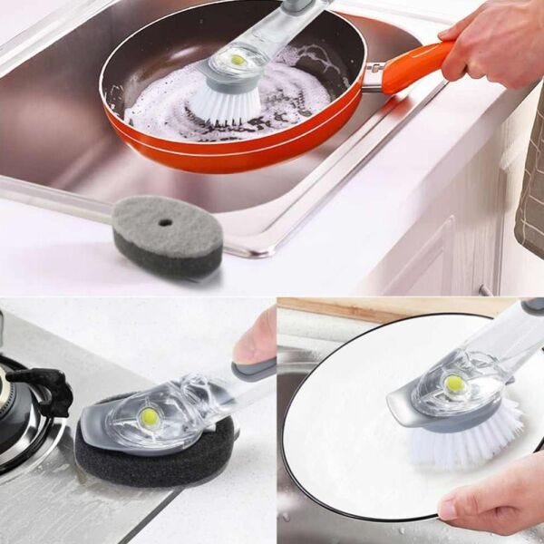 Escova de Limpeza 2 em 1 Dispenser Detergente Esponja Limpa Cozinha Louça - 3