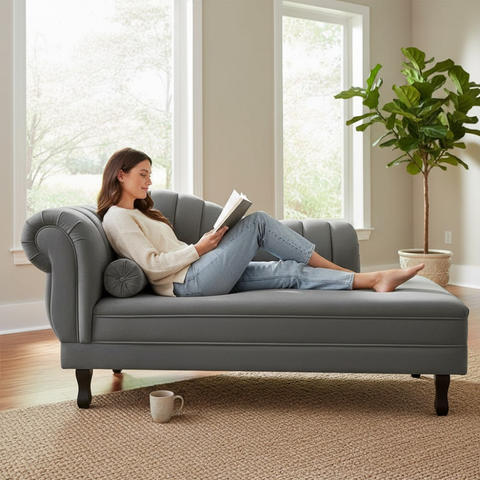 Recamier Decorativo Divã Amsterdã 147cm Lado Direito Couro Cinza