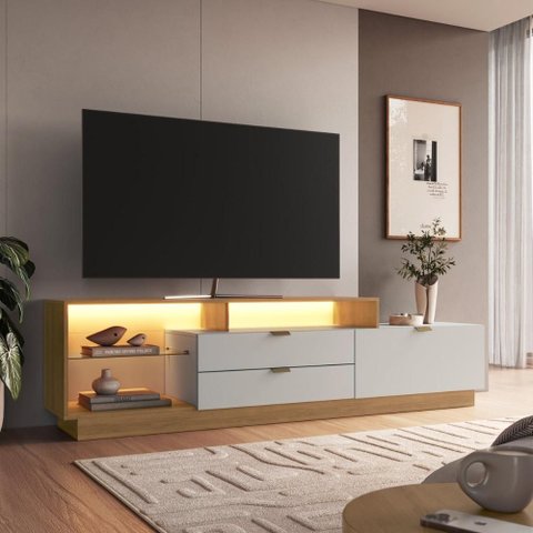 Rack para TV até 55 Polegadas com LED 1 Porta e 2 Gavetas Multimóveis Crpro-RCK008 Mel/Arenas