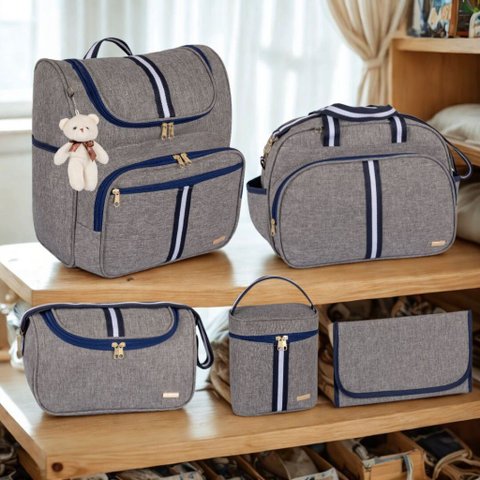 Kit Bolsa Maternidade 5 Peças com Mochila 2 em 1 e Porta Mamadeira Térmico Amor:marinho