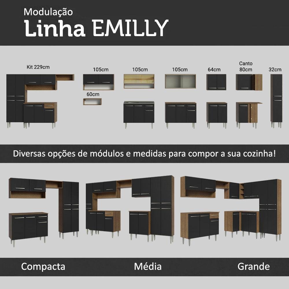 Armário de Cozinha Compacta 169cm Rustic/Preto Emilly Free Madesa 01 - 11