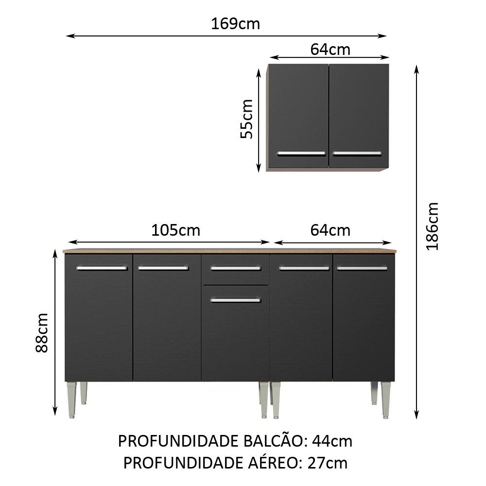 Armário de Cozinha Compacta 169cm Rustic/Preto Emilly Free Madesa 01 - 4