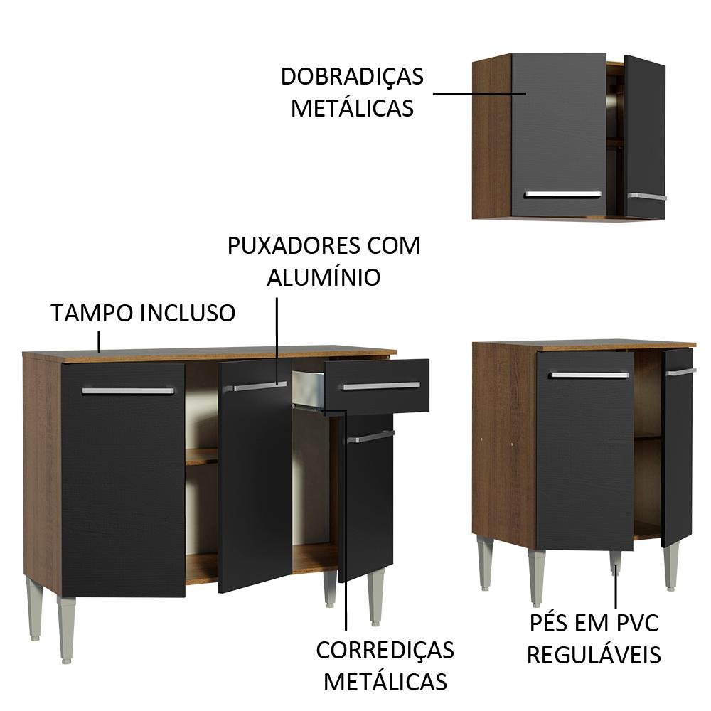 Armário de Cozinha Compacta 169cm Rustic/Preto Emilly Free Madesa 01 - 5