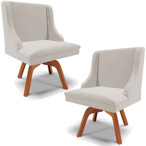 Kit 2 Cadeiras Decorativas Sala de Jantar Base Giratória de Madeira Firenze Veludo Cinza/Natural G19