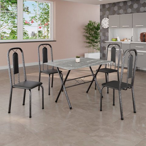 Conjunto de Mesa Tubular 062 100x60cm Tampo em Granito com 4 Cadeiras Lívia Prata/Preto Liso/Martelado