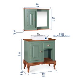 Gabinete para Banheiro com Cuba e Armário Espelheira Dália 3064 - Verde Musgo/imbuia Glazer - 5