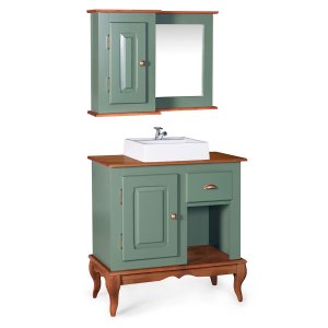 Gabinete para Banheiro com Cuba e Armário Espelheira Dália 3064 - Verde Musgo/imbuia Glazer