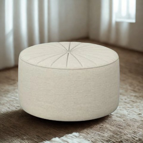 Puff Euphoria Redondo Confortável 73x73cm Linho Bege Design Moderno Decorativo Luxo Larbelle Móveis