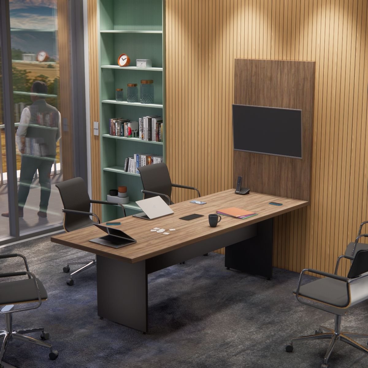 Mesa de Reunião Escritório 2.40x90 com Painel Tv Linha 40 Mm Atacadao Dos Móveis - 1